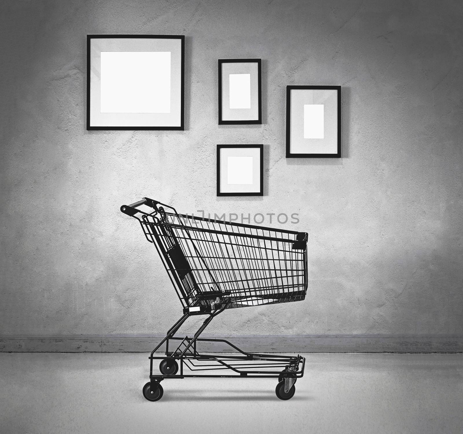 shopping cart with empty frames in the room