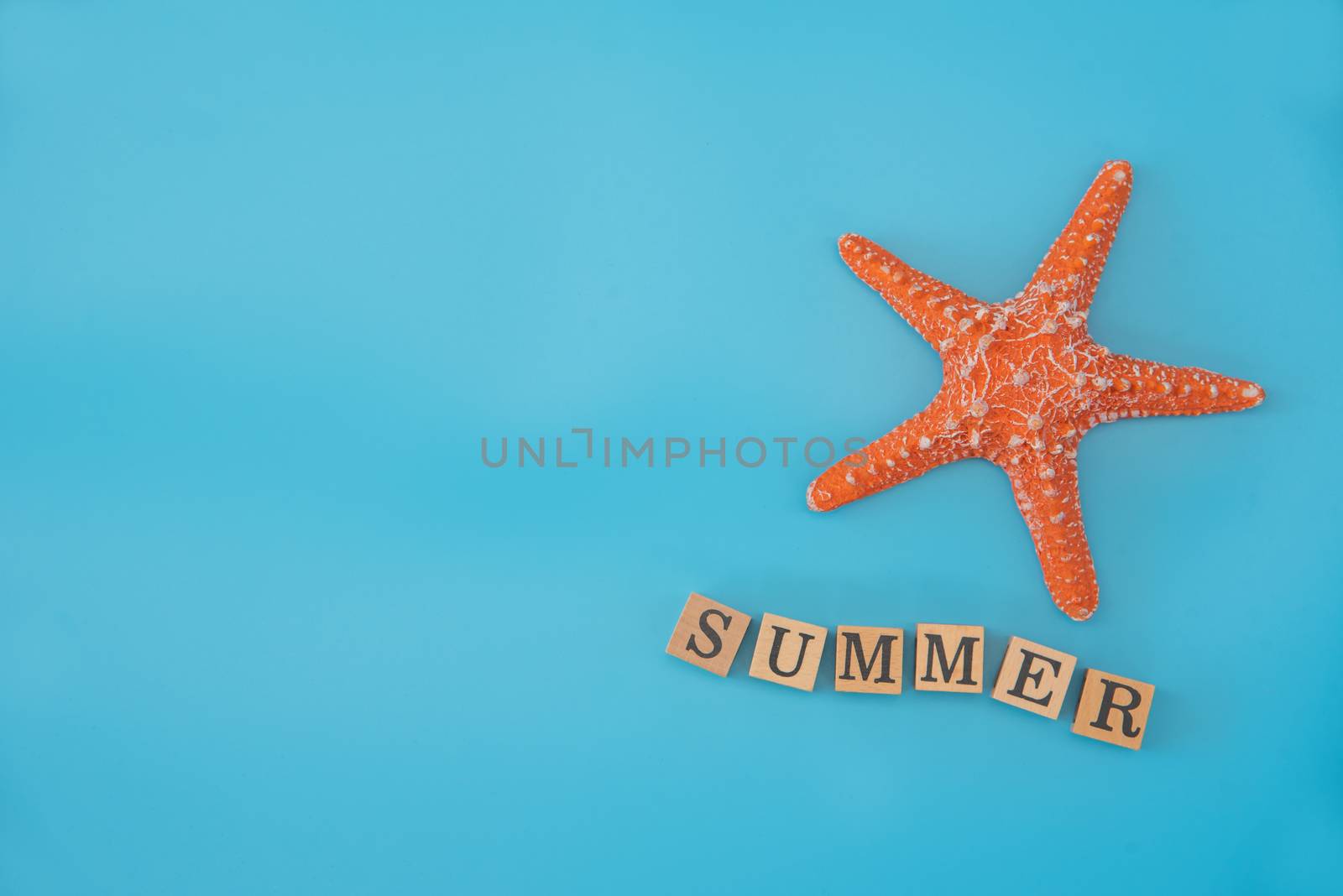 top view Simulated starfish and word "SUMMER" placed on a blue background concept summer travel