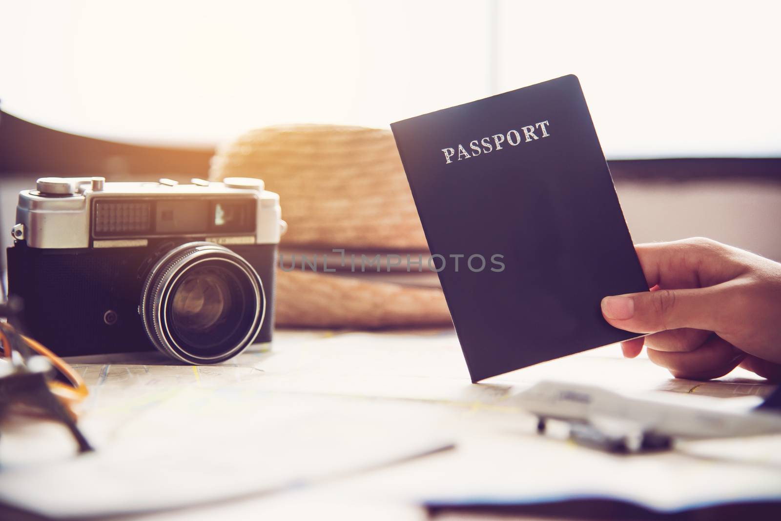 People holding passports, map for travel with luggage for the tr by photobyphotoboy
