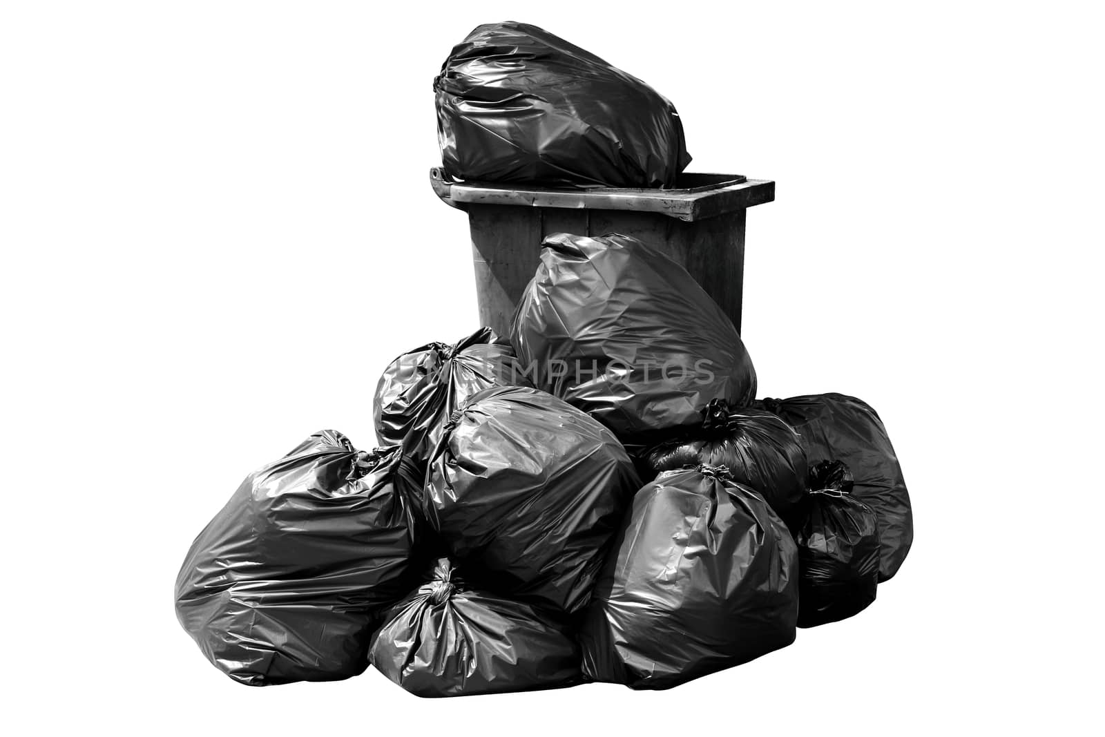 Bin,Trash, Garbage, Rubbish, Plastic Bags pile, bin bag garbage dark black isolated on background white by cgdeaw