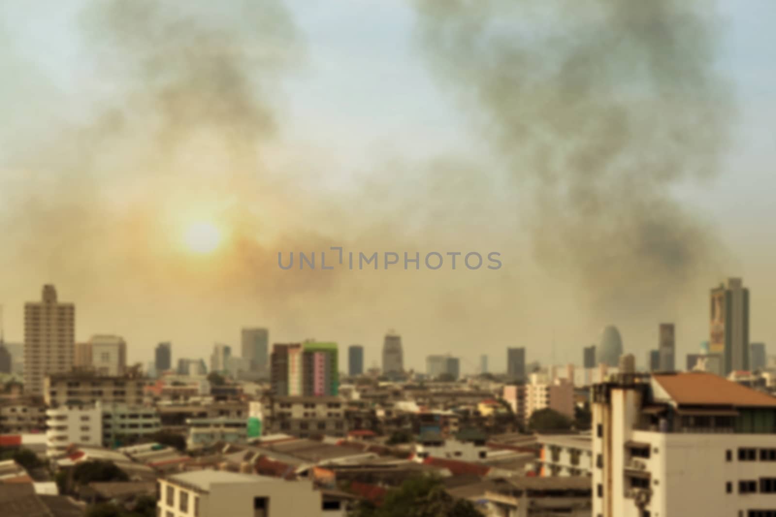 Blurred city smog pollution atmosphere, Blur sky cloud air pollution and city for background, atmosphere pollution