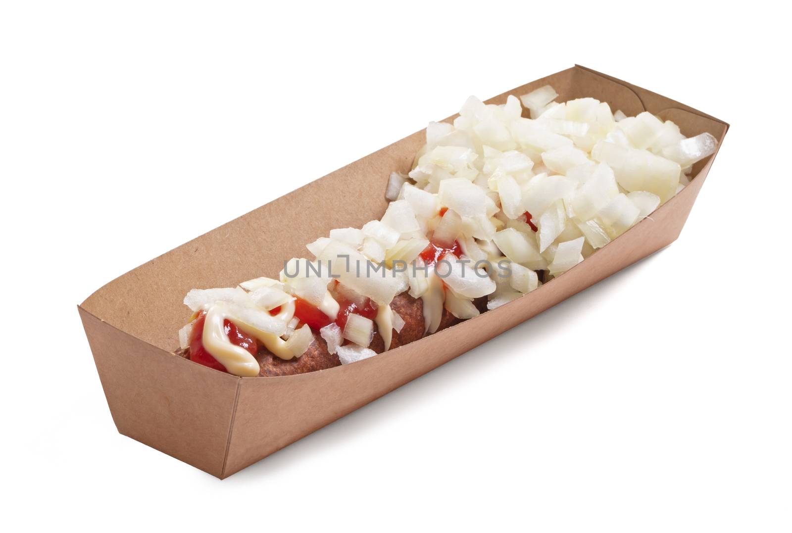 One frikadel with ketchup, mayonnaise on chopped onions, a Dutch fast food snack called 'frikadel speciaal', the Netherlands