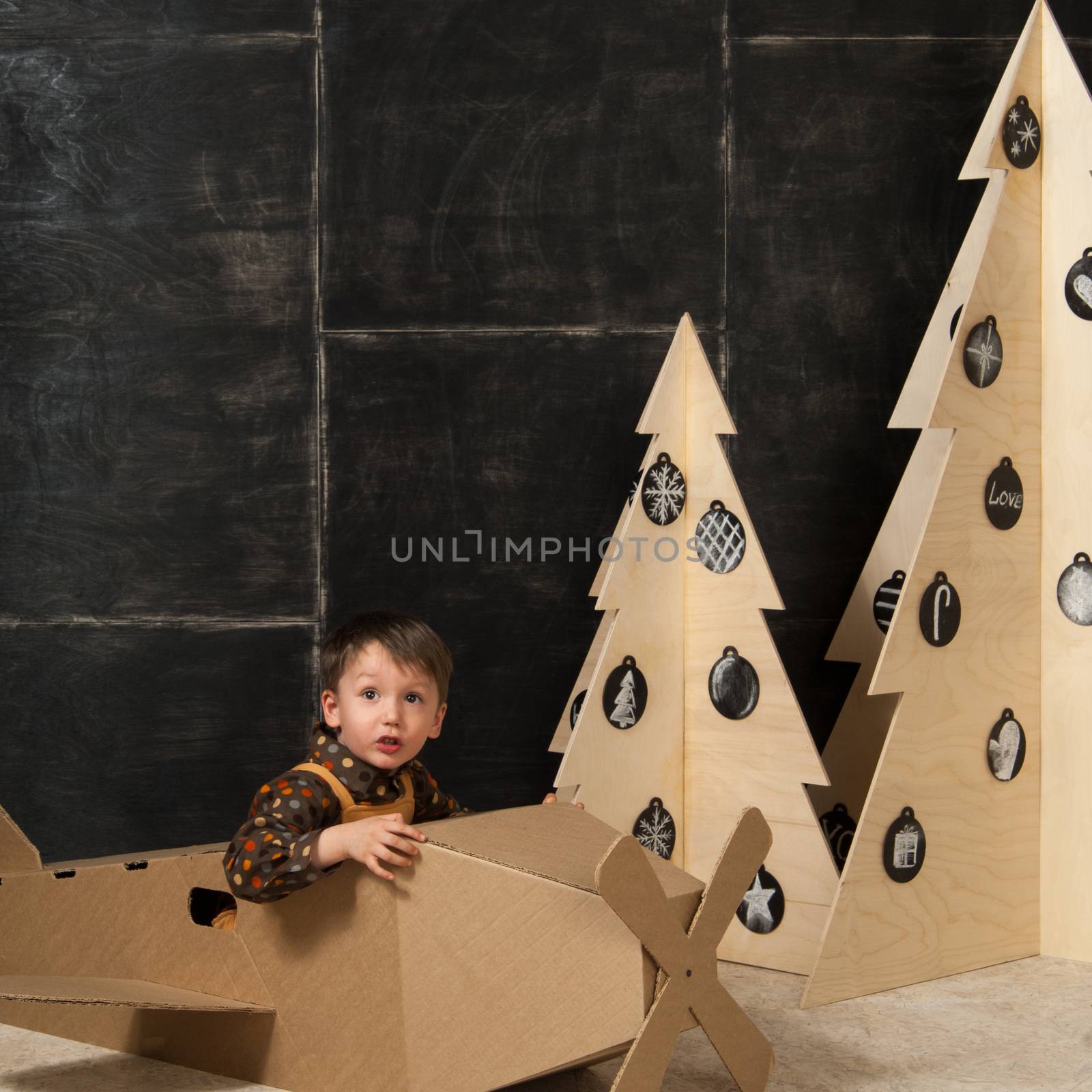 small boy sits in a cardboard toy aircraft near Christmas trees made of wood