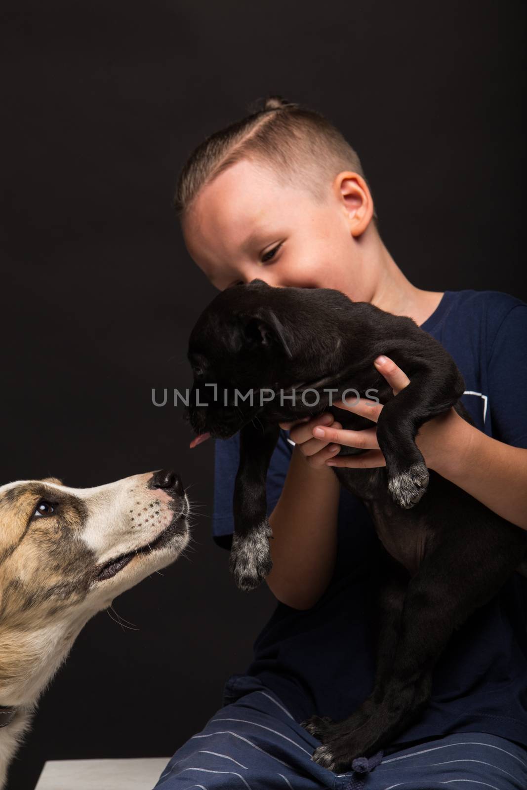 a little boy is holding a puppy on a black background. studio shot