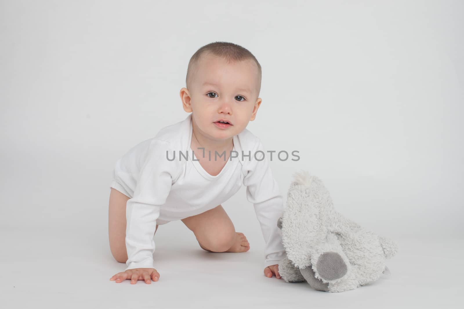 baby on a white background with a soft toy bunny