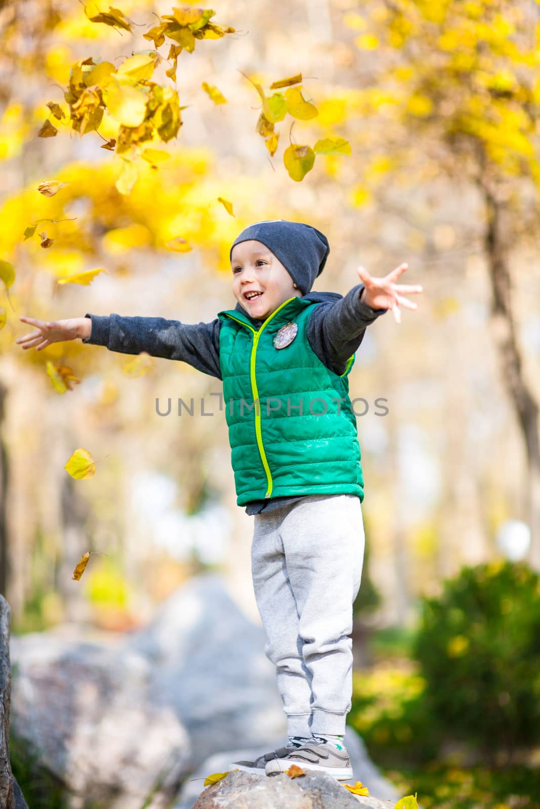 little boy in the park standing on a stone throws yellow leaves of trees in autumn