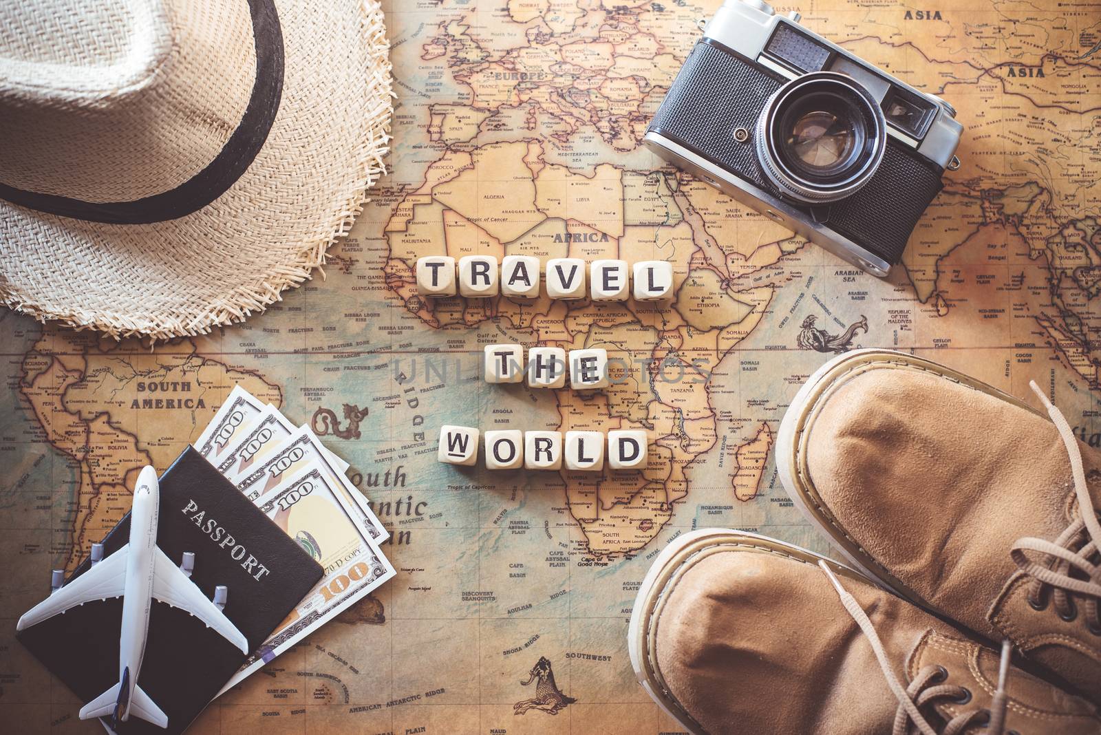 keywords "TRAVEL THE WORLD" and items accessories for the travel by photobyphotoboy