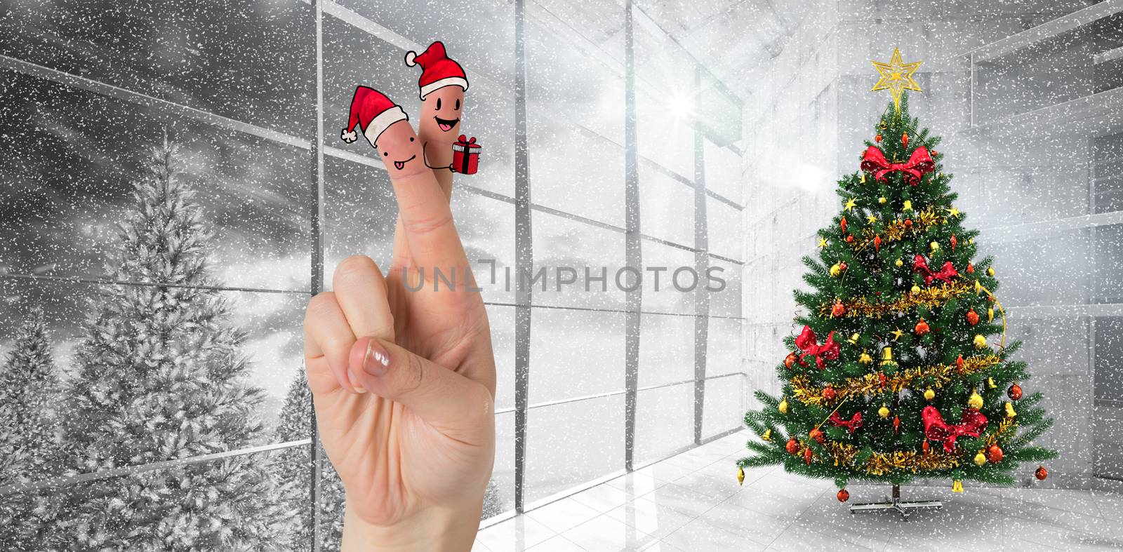 Christmas fingers against home with christmas tree