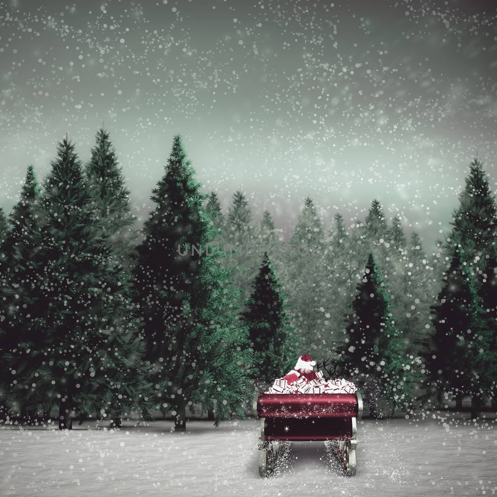 Santa flying his sleigh against snowy landscape with fir trees