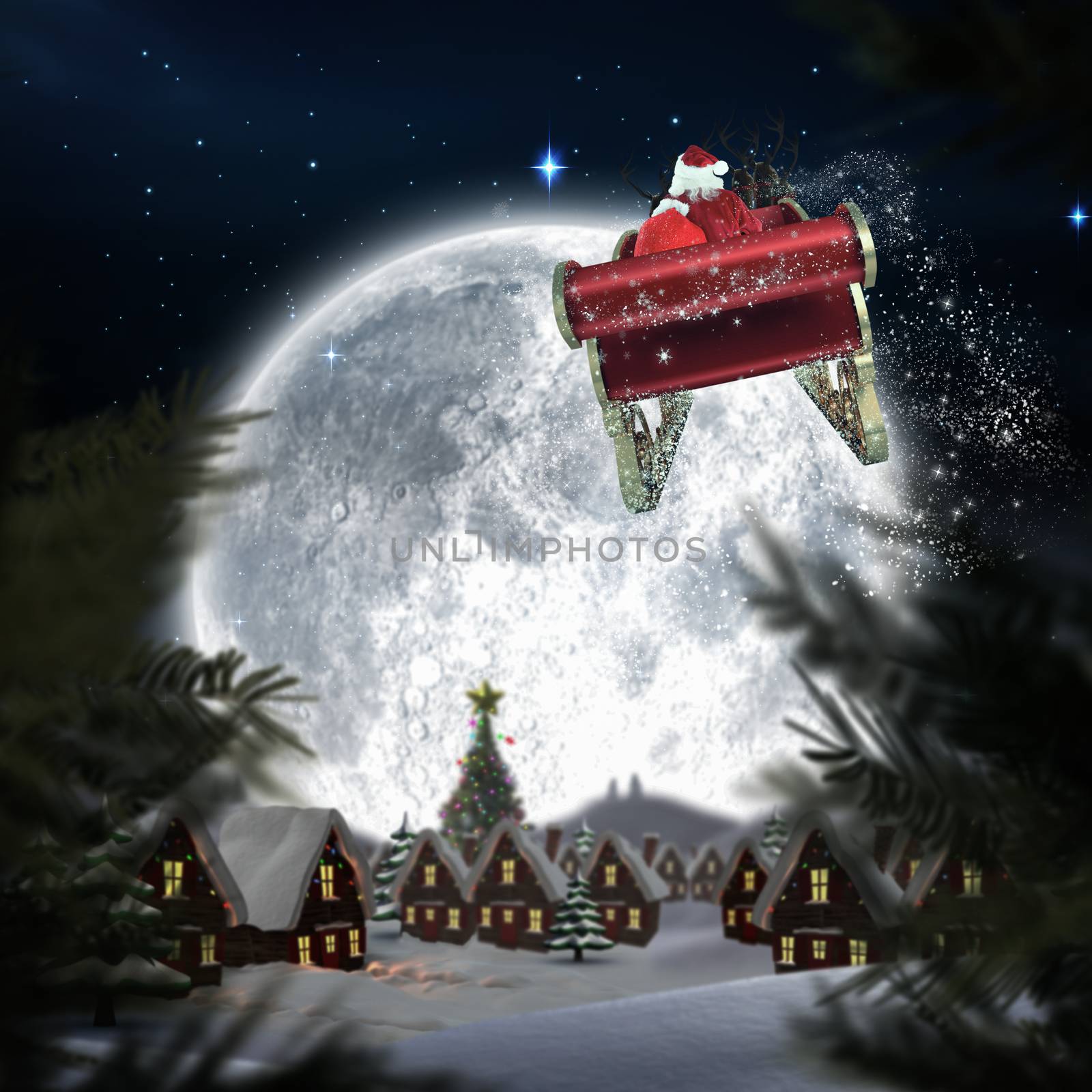 Santa flying his sleigh against christmas village under full moon