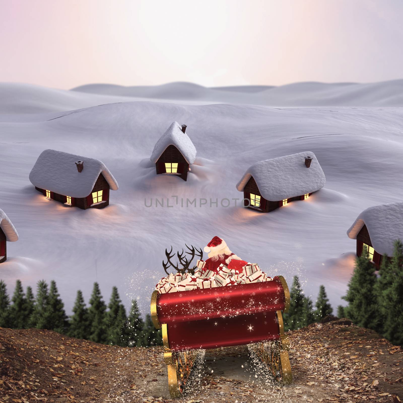Santa flying his sleigh against cute village in the snow