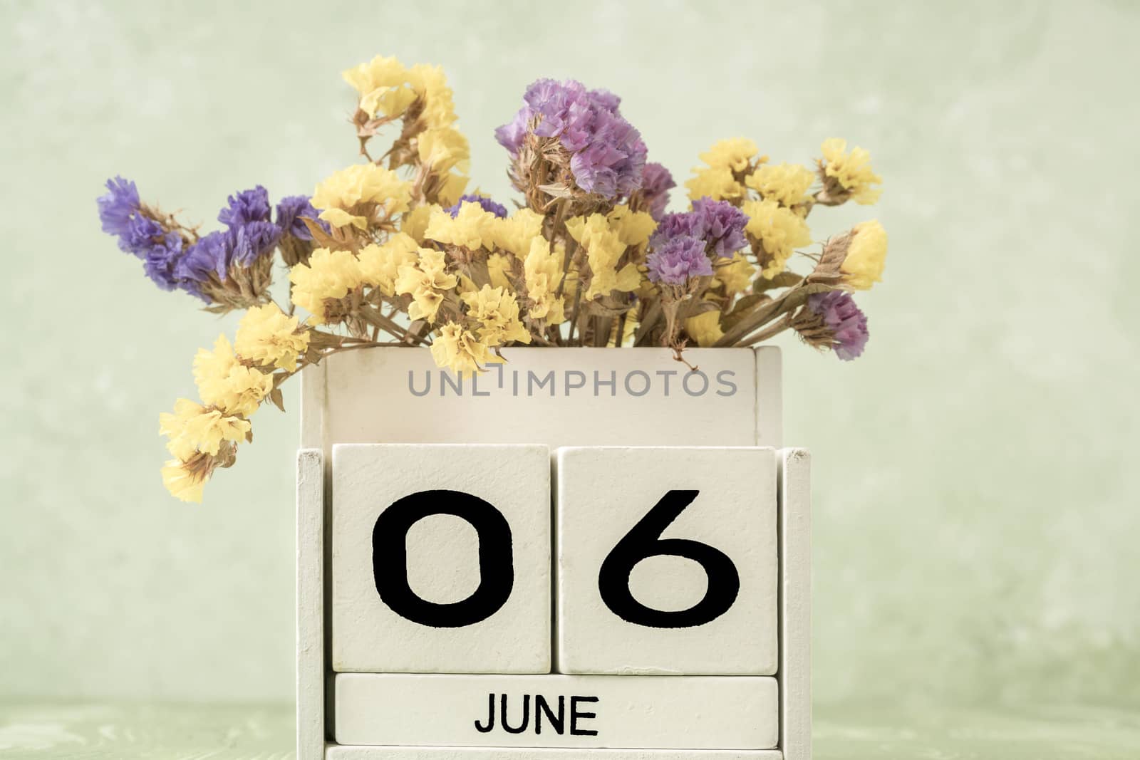 White cube calendar for june on green background with copy space by bernanamoglu