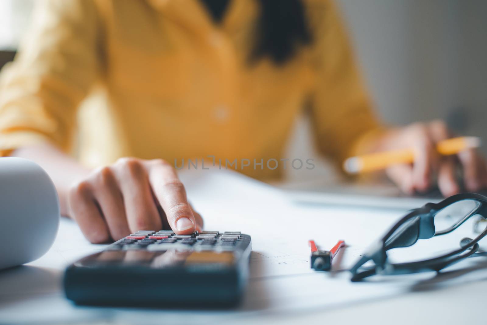  engineer working in office with blueprints, inspection in workp by photobyphotoboy