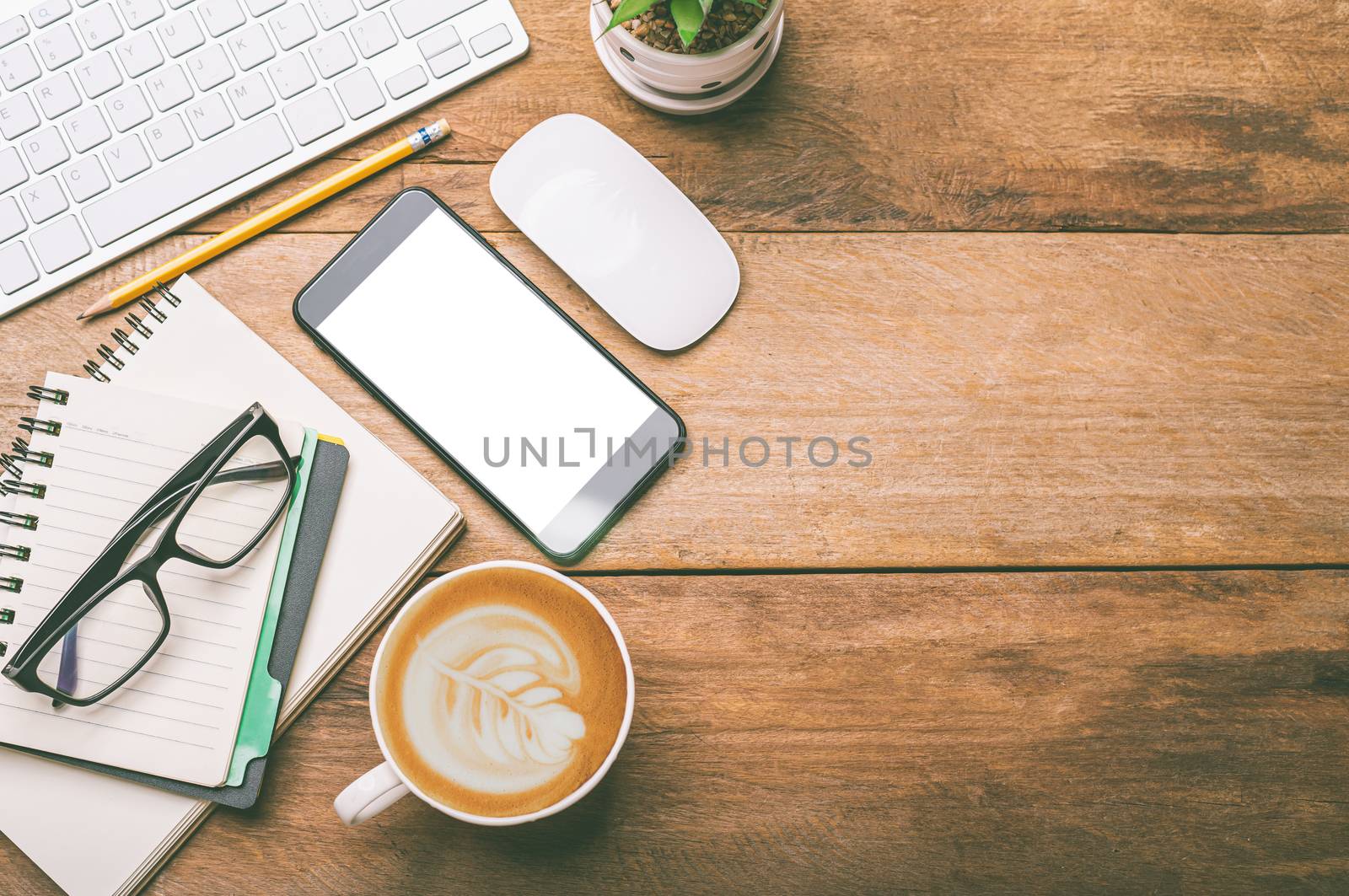 top view Office equipment including Laptop, mobile phone, mouse, by photobyphotoboy