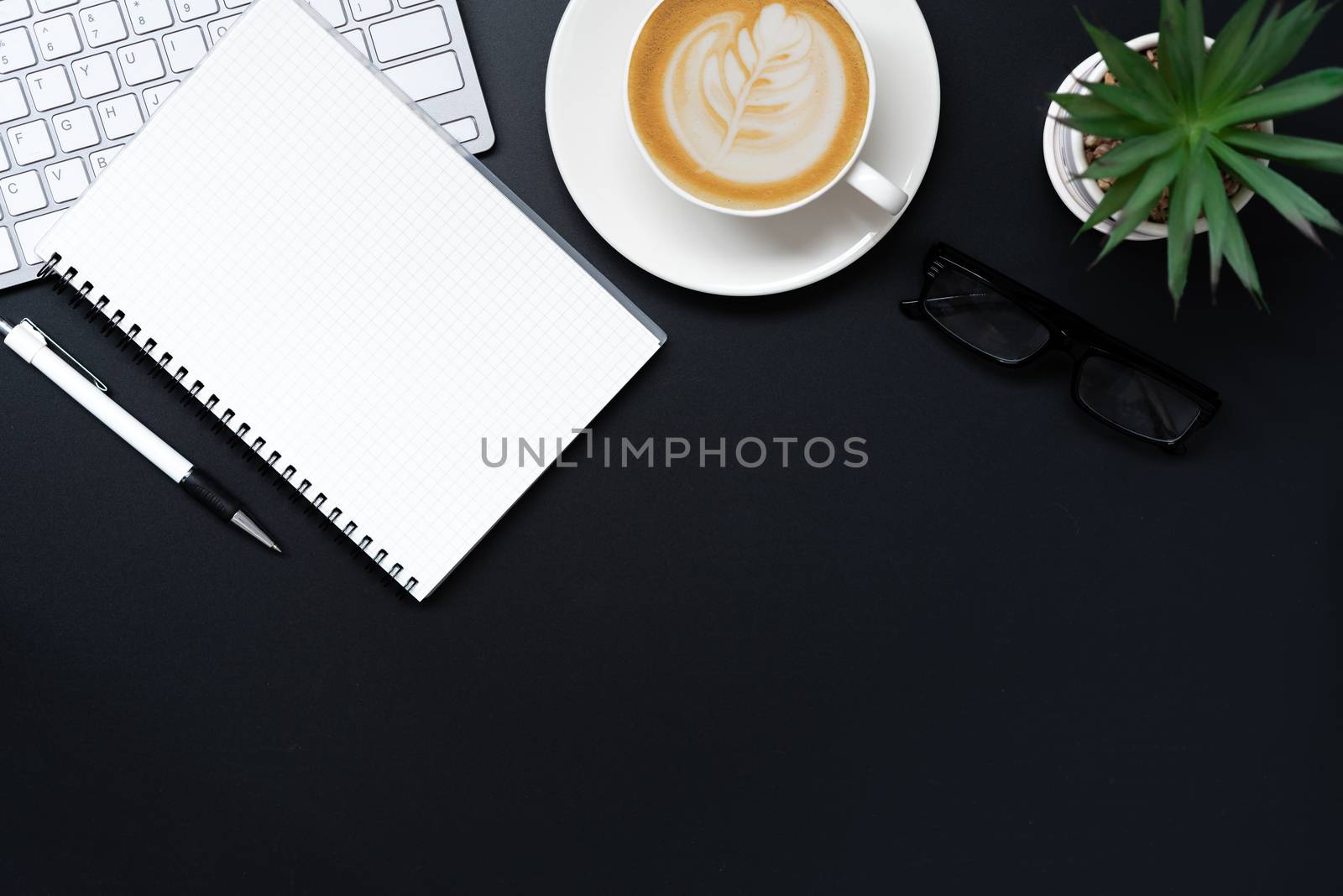 Top view with laptop, mobile phone, coffee cup, pencil, pencil a by photobyphotoboy