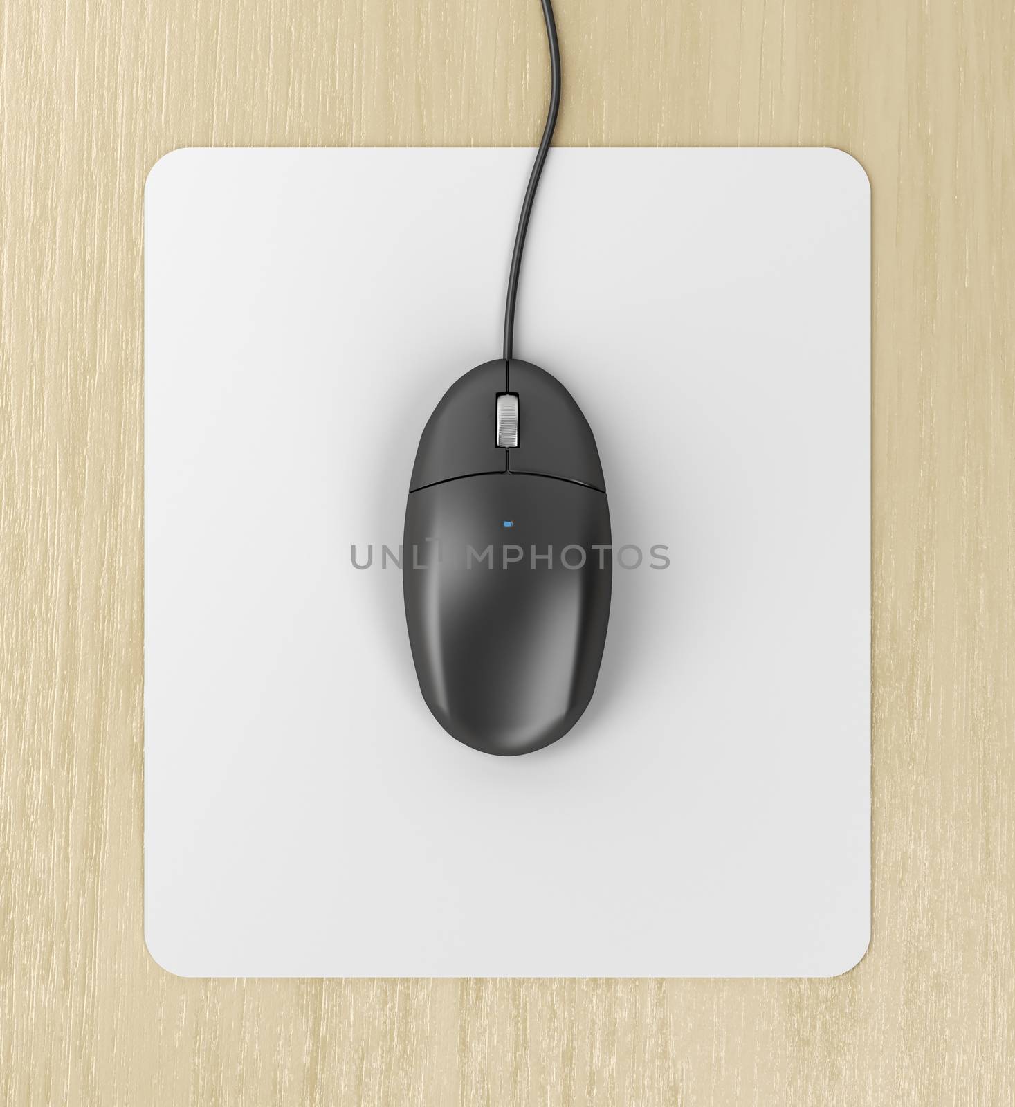 Black computer mouse on a mouse pad, top view
