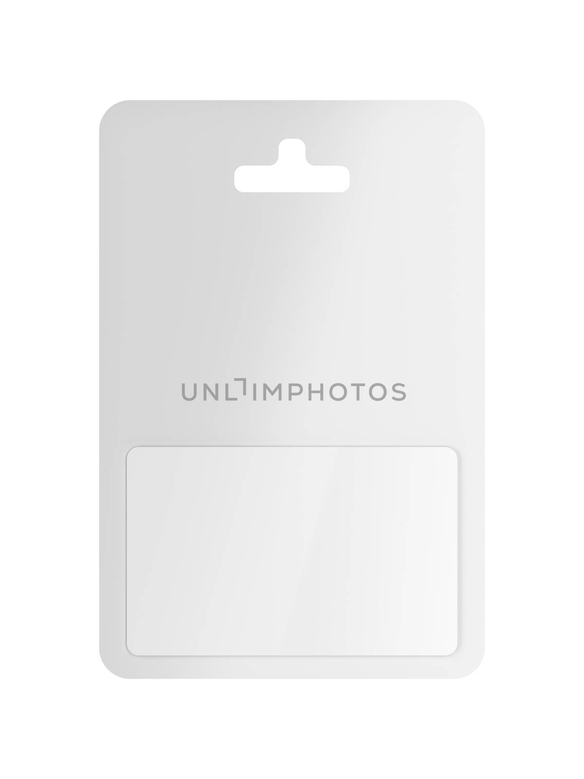 Front view of white blank gift card in blister packaging, isolated on white background
