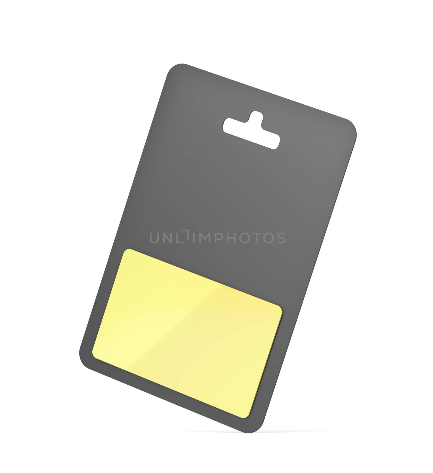 Gold card in blister packaging on white background