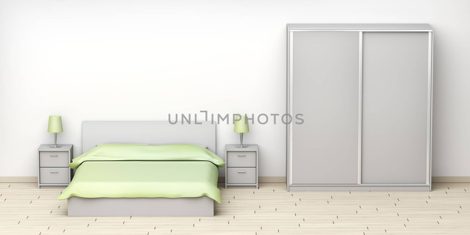 Modern hotel room with gray colored furniture