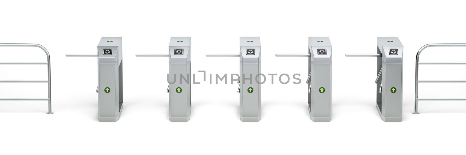 Row with automatic turnstiles on white background