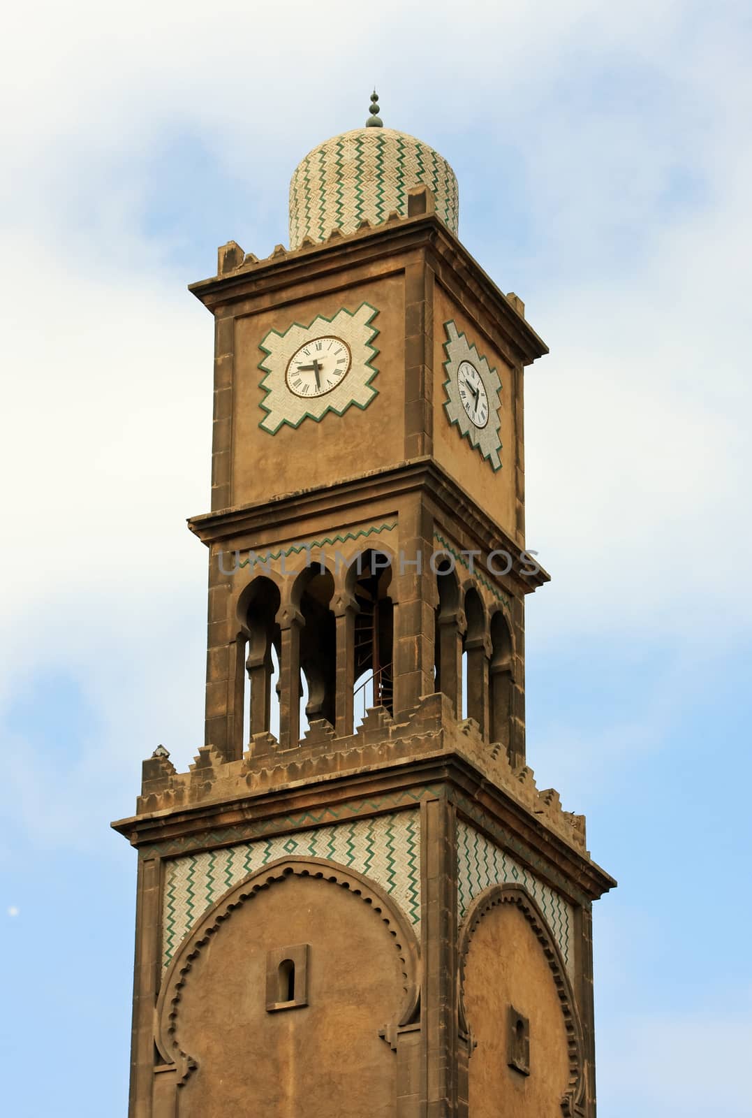The clock tower is situated at the gateway to the Old Medina in Casablanca, Morocco.