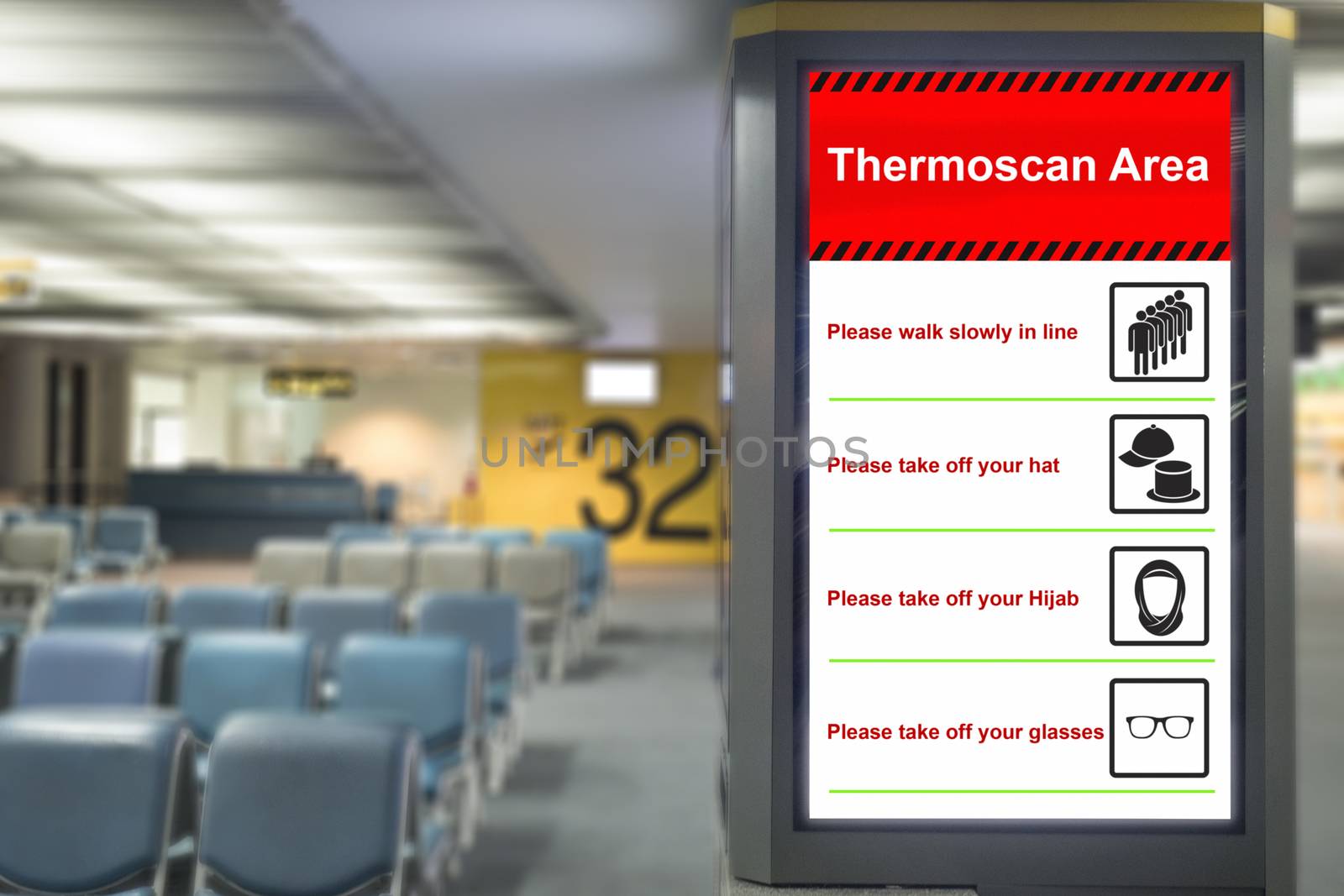 Health Control: Thermoscan Area sign at the airport for outbreak control situation at passengers arriving terminal by Public Health Officials