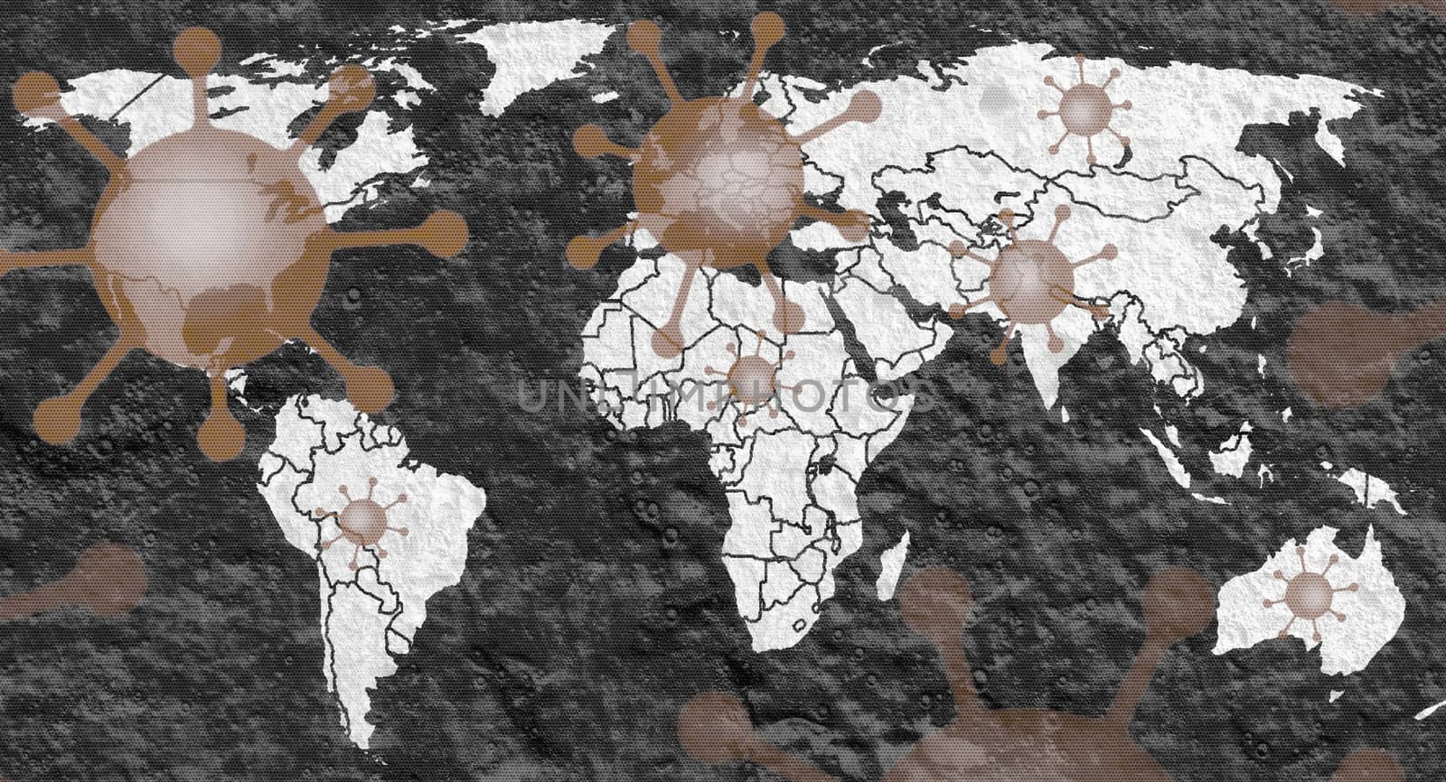 3D-Illustration of a world map showing the corona virus covid-19 hotspots in the United States and Europe.