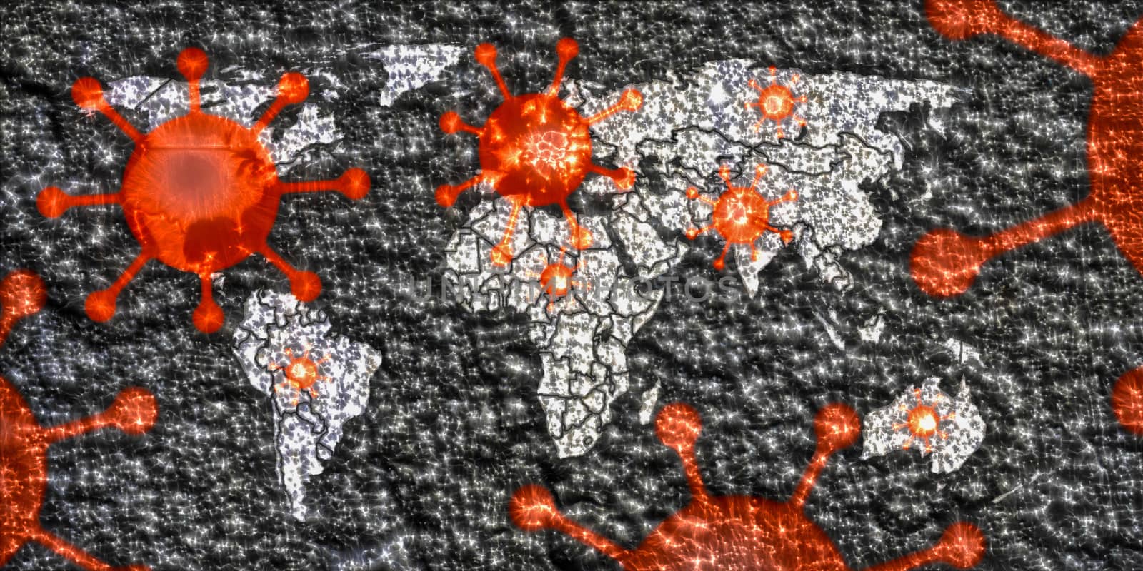 3D-Illustration of a world map showing the corona virus covid-19 by MP_foto71
