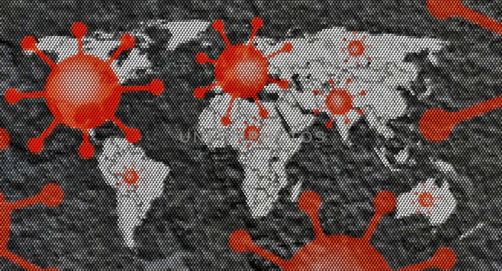 3D-Illustration of a world map showing the corona virus covid-19 hotspots in the United States and Europe.