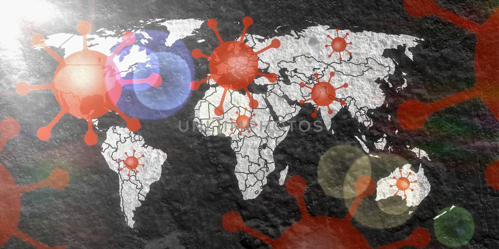 3D-Illustration of a world map showing the corona virus covid-19 hotspots in the United States and Europe.