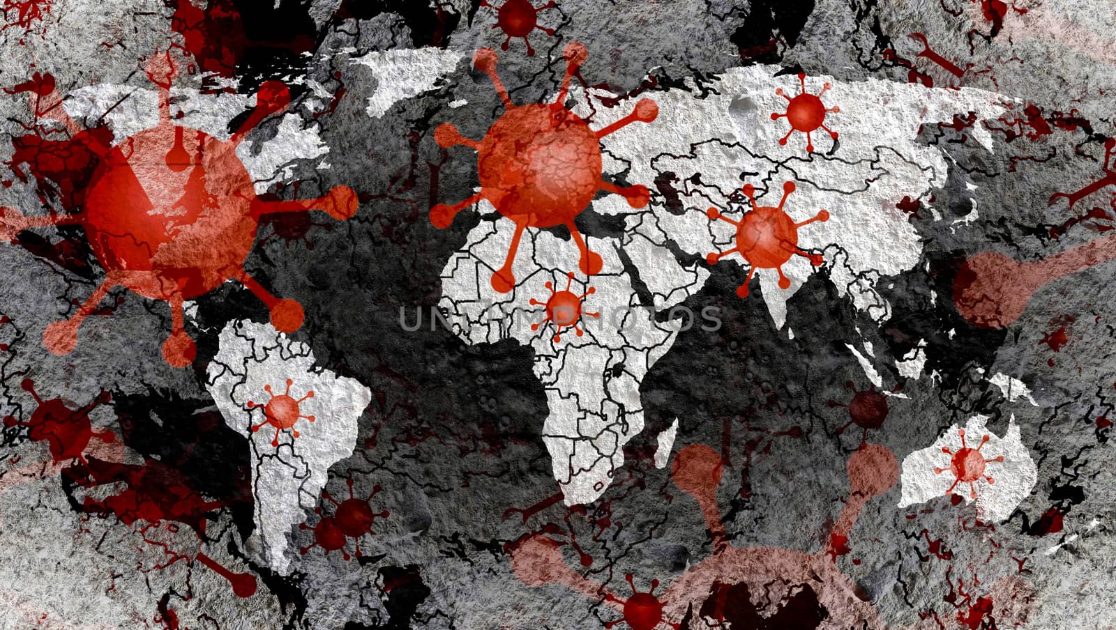 3D-Illustration of a world map showing the corona virus covid-19 by MP_foto71