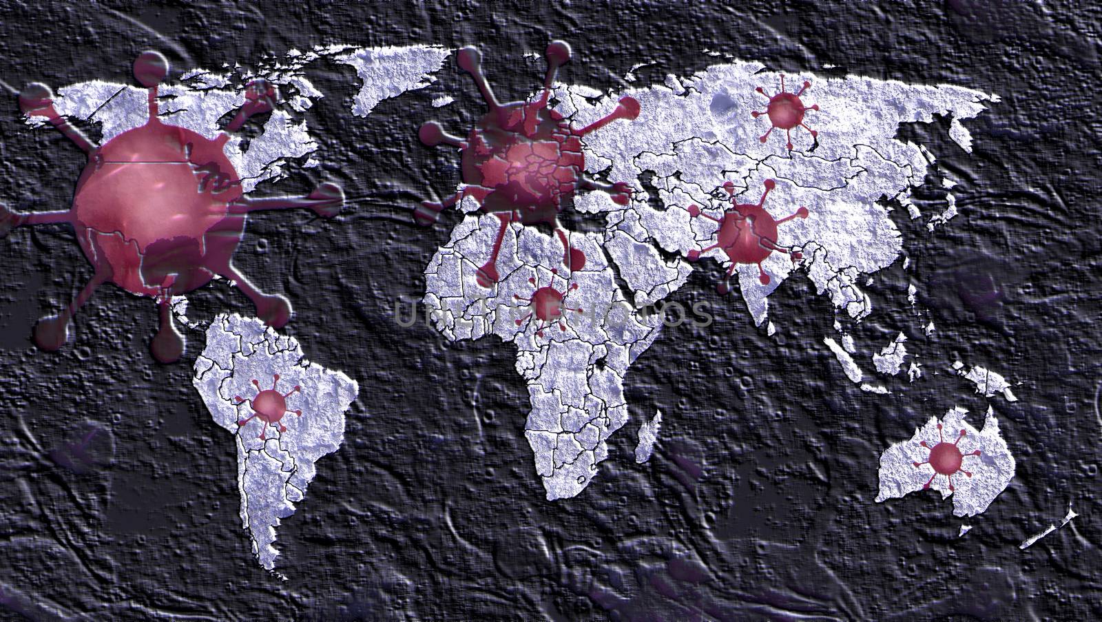 3D-Illustration of a world map showing the corona virus covid-19 hotspots in the United States and Europe.