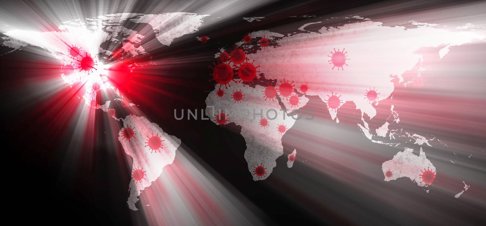 3D-Illustration of a world map showing the corona virus covid-19 hotspots in the United States and Europe.