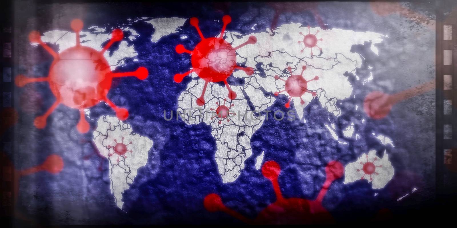 3D-Illustration of a world map showing the corona virus covid-19 hotspots in the United States and Europe.