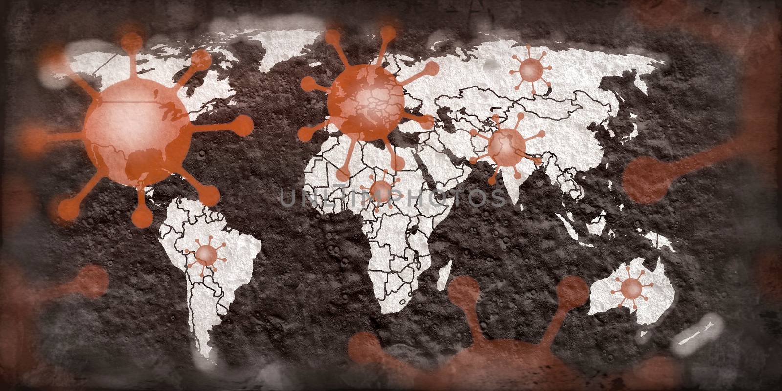 3D-Illustration of a world map showing the corona virus covid-19 hotspots in the United States and Europe.