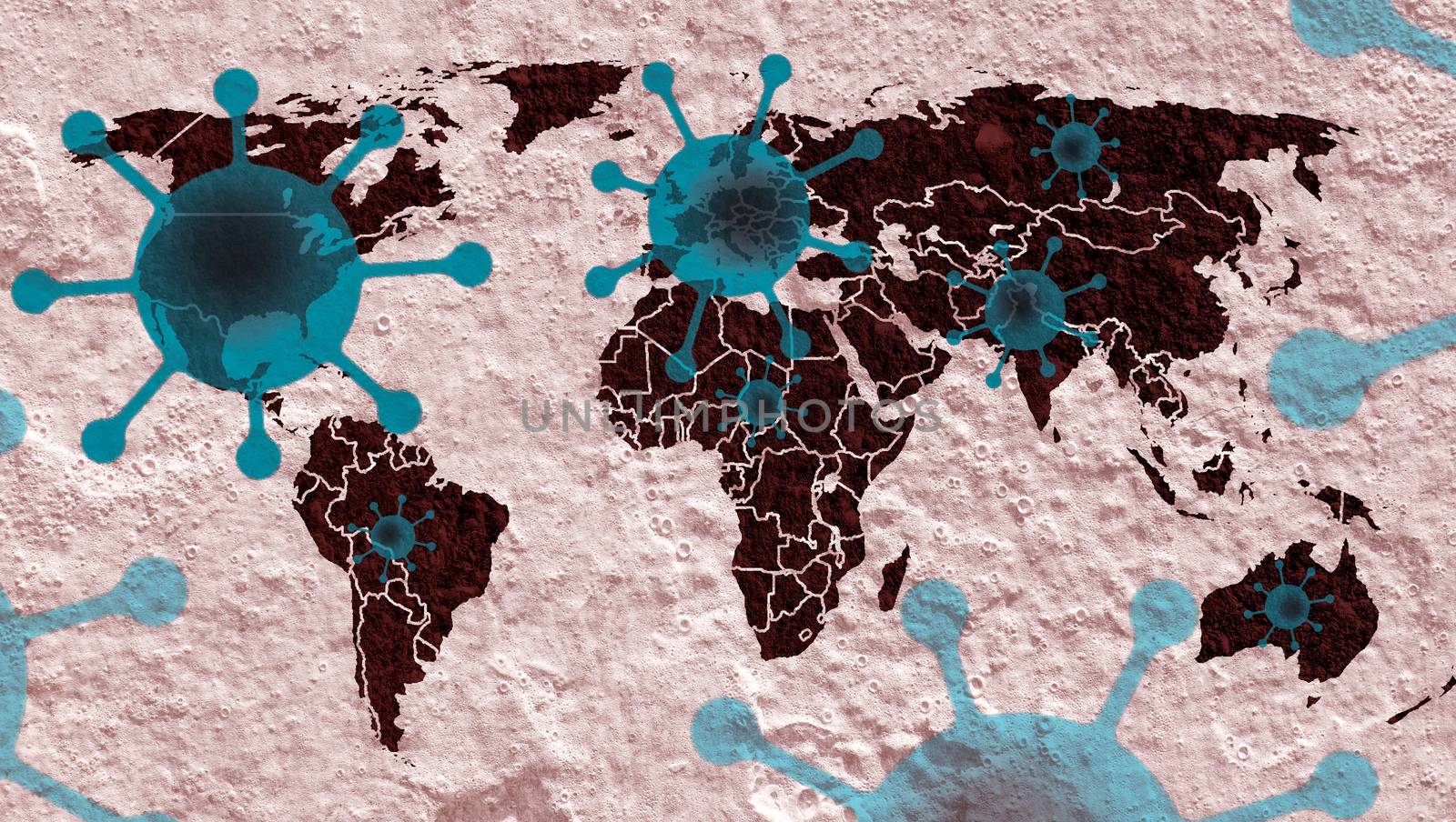 3D-Illustration of a world map showing the corona virus covid-19 hotspots in the United States and Europe.