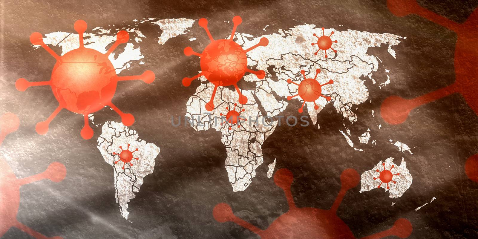 3D-Illustration of a world map showing the corona virus covid-19 hotspots in the United States and Europe.