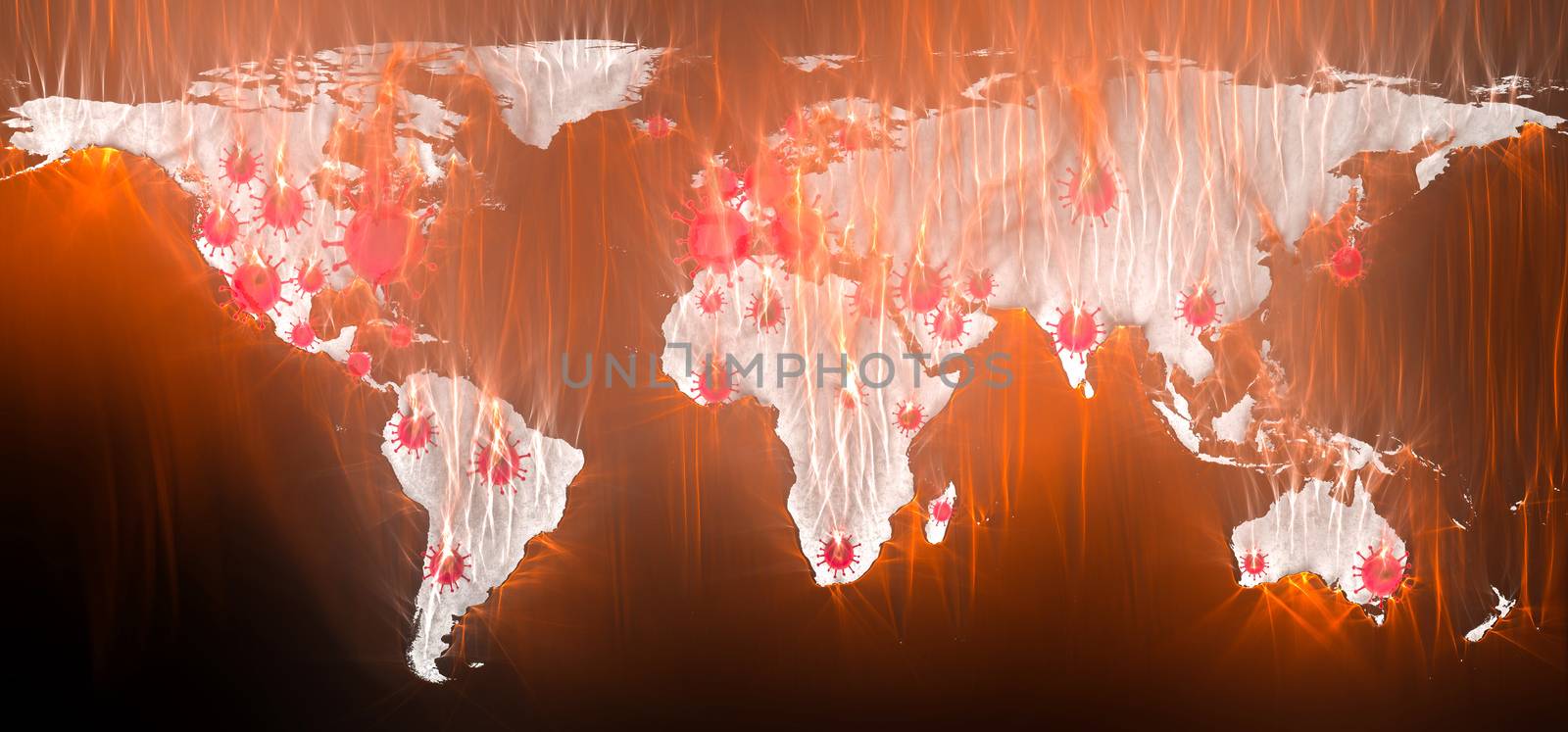 3D-Illustration of a world map showing the corona virus covid-19 hotspots in the United States and Europe.