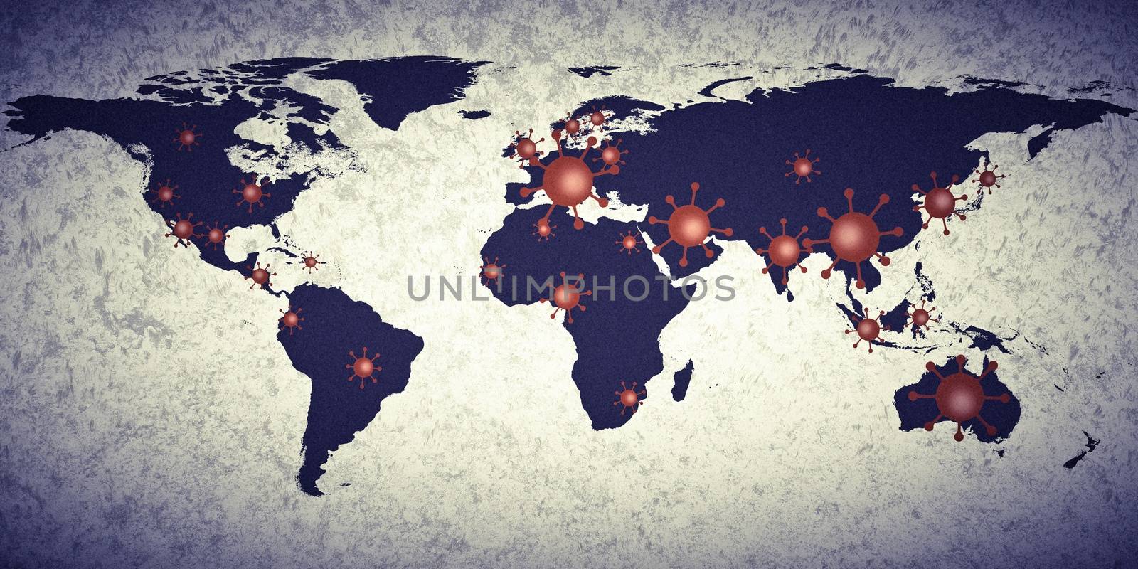 3D-Illustration of a world map showing the corona virus covid-19 hotspots in the United States and Europe.