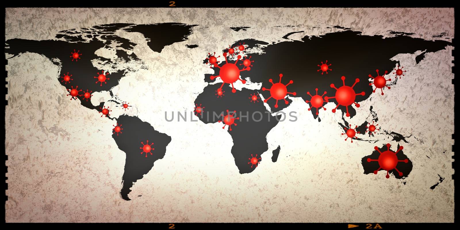 3D-Illustration of a world map showing the corona virus covid-19 hotspots in the United States and Europe.