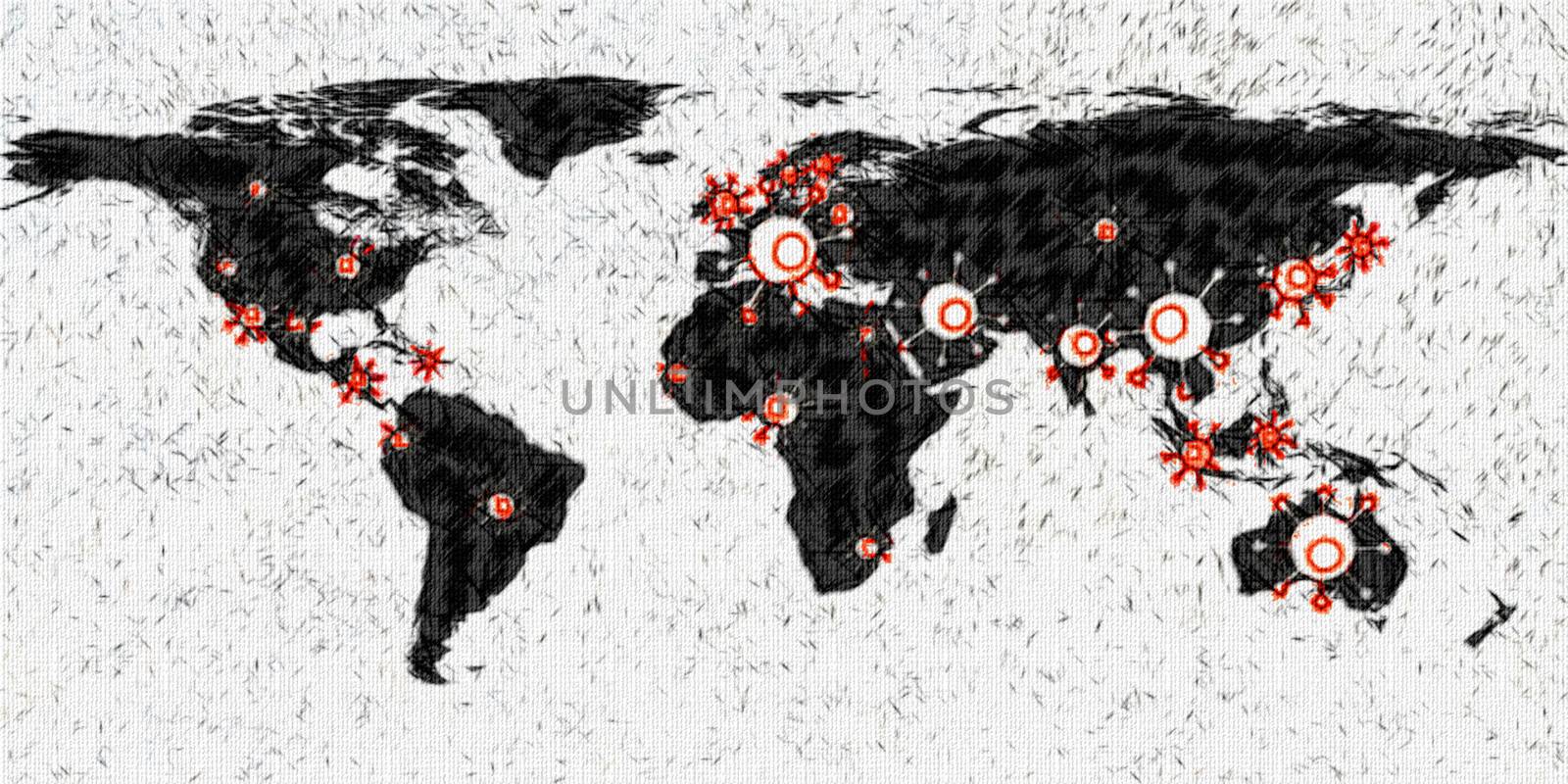 3D-Illustration of a world map showing the corona virus covid-19 by MP_foto71