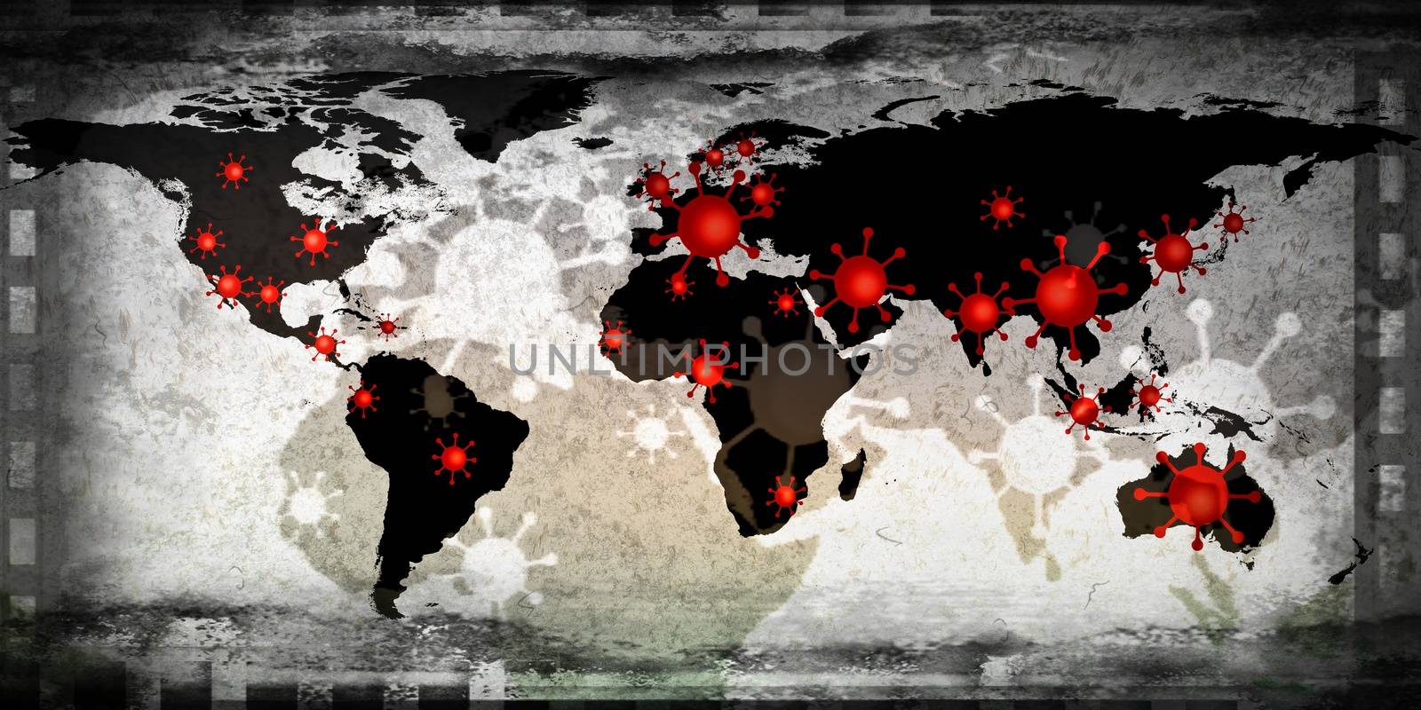 3D-Illustration of a world map showing the corona virus covid-19 hotspots in the United States and Europe.