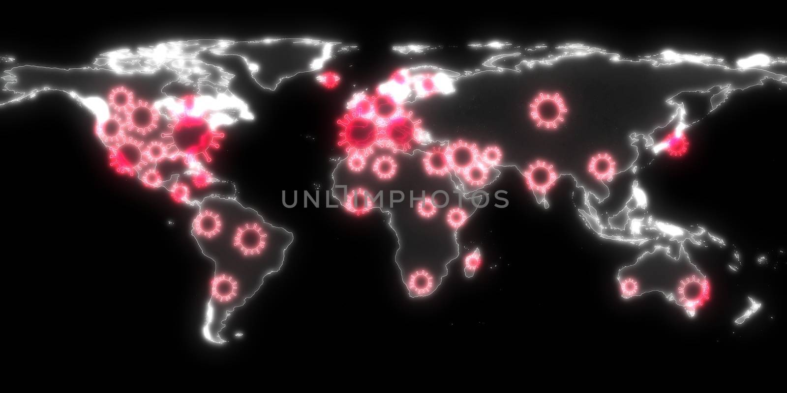 3D-Illustration of a world map showing the corona virus covid-19 hotspots in the United States and Europe.