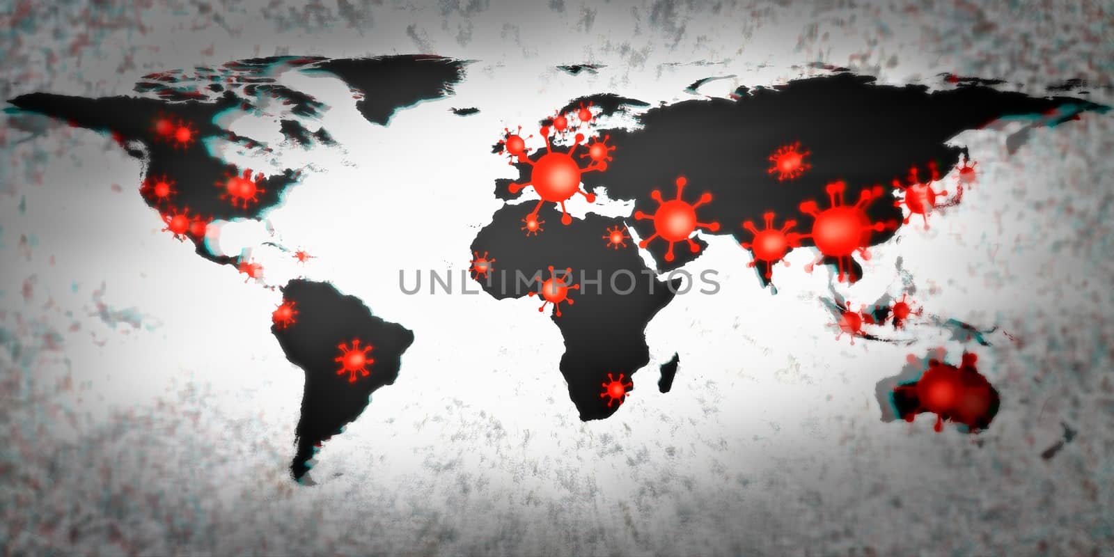 3D-Illustration of a world map showing the corona virus covid-19 hotspots in the United States and Europe.