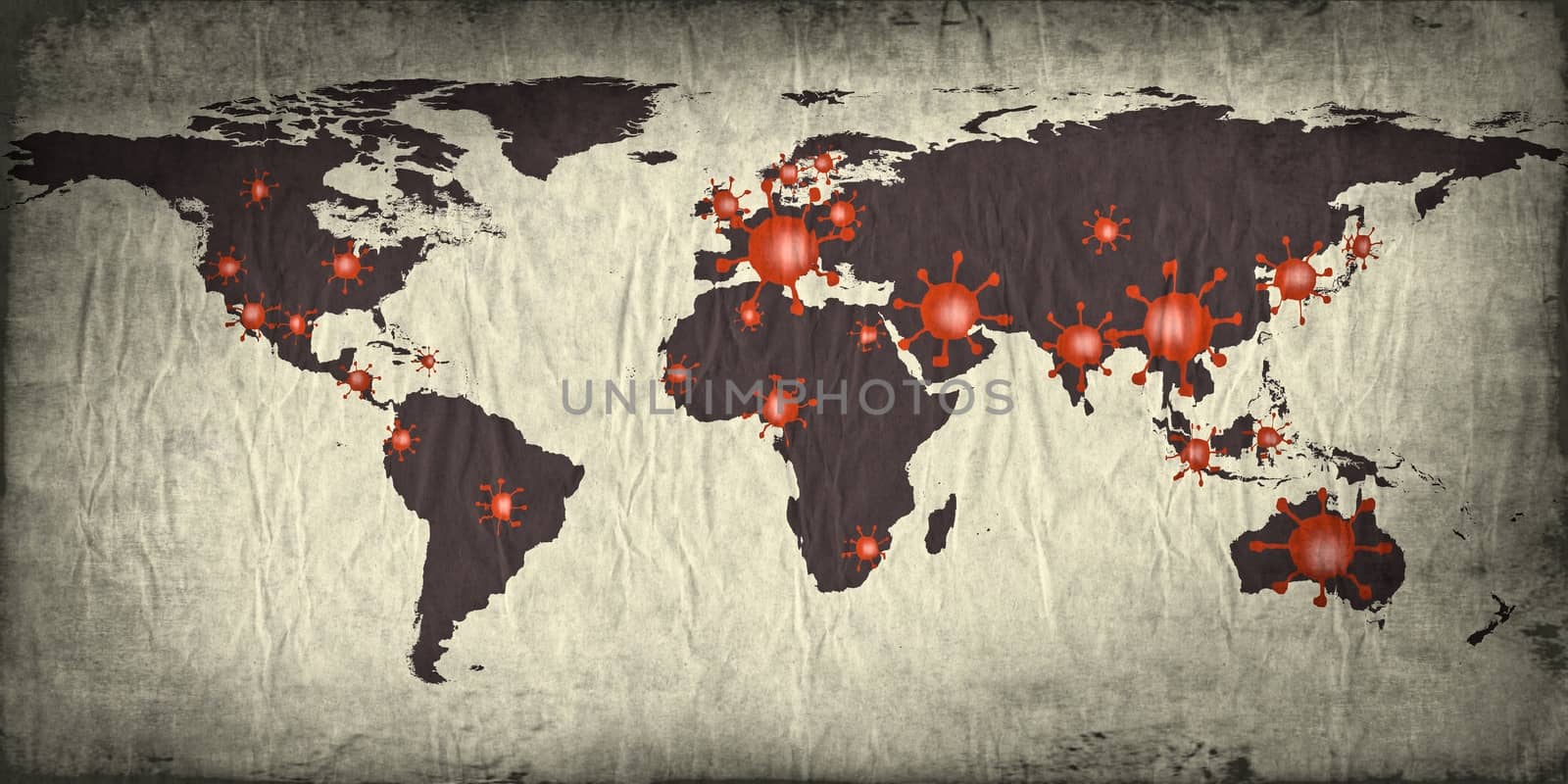 3D-Illustration of a world map showing the corona virus covid-19 hotspots in the United States and Europe.