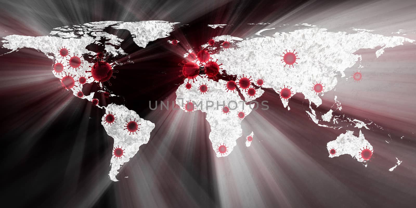 3D-Illustration of a world map showing the corona virus covid-19 hotspots in the United States and Europe.