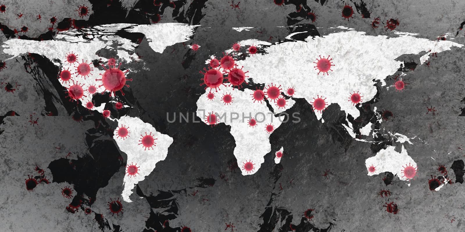 3D-Illustration of a world map showing the corona virus covid-19 hotspots in the United States and Europe.