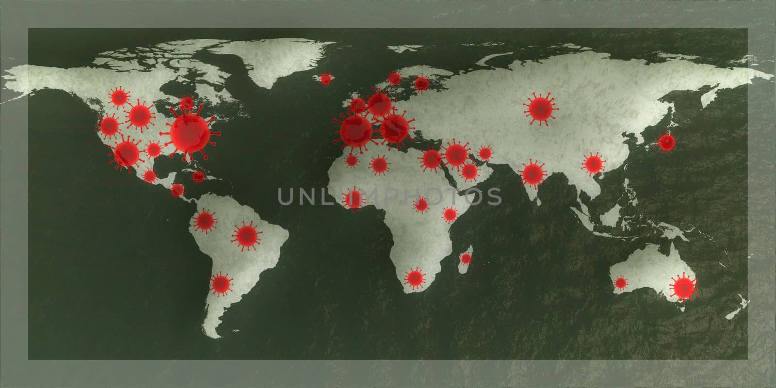 3D-Illustration of a world map showing the corona virus covid-19 hotspots in the United States and Europe.