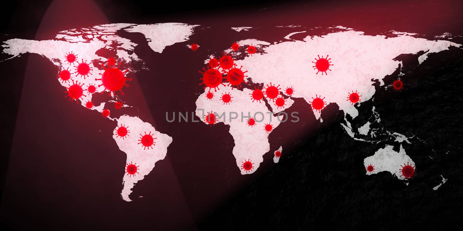 3D-Illustration of a world map showing the corona virus covid-19 hotspots in the United States and Europe.