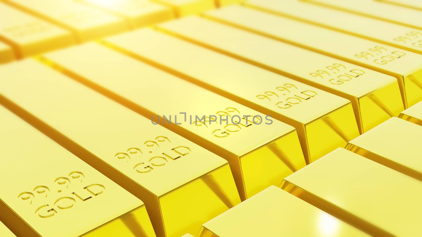 stack close-up of pure gold bars arranged in abundance, 3D rende by asiandelight